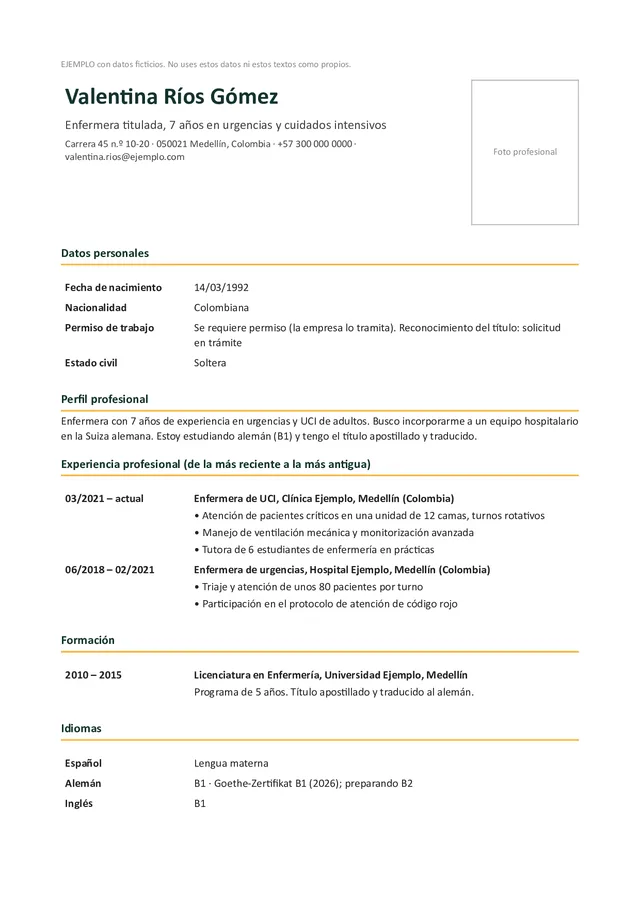 Primera página del CV en formato suizo, ejemplo relleno