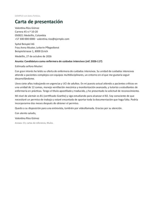 Primera página de la carta de presentación para Suiza, ejemplo relleno