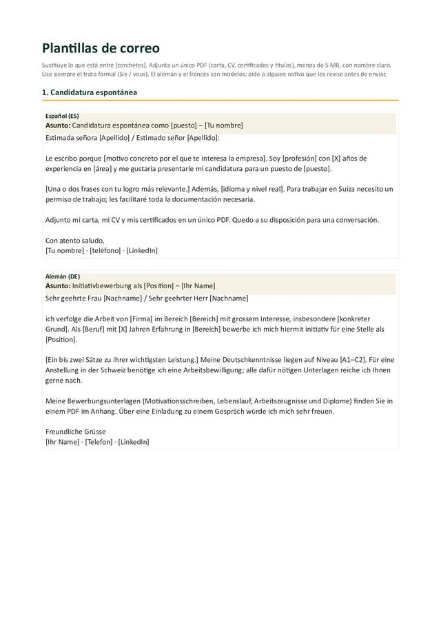 Primera página de las plantillas de correo de candidatura y seguimiento