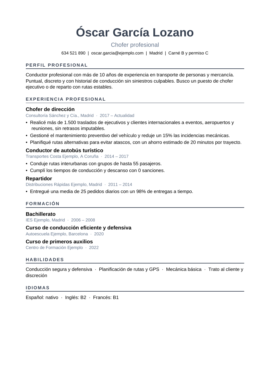 Vista previa: Currículum de chofer o conductor: ejemplo y plantilla en Word